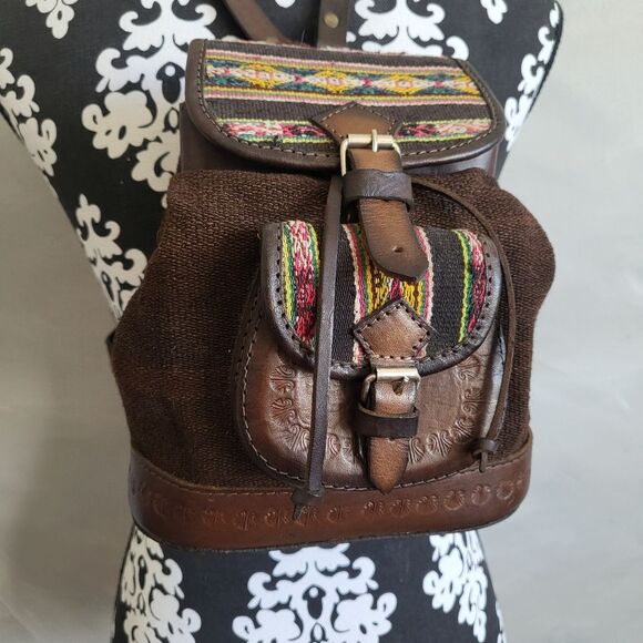 Handmade Tooled Leather and Canvas Crafted Southwestern Stitched Mini Backpack - Picture 1 of 11